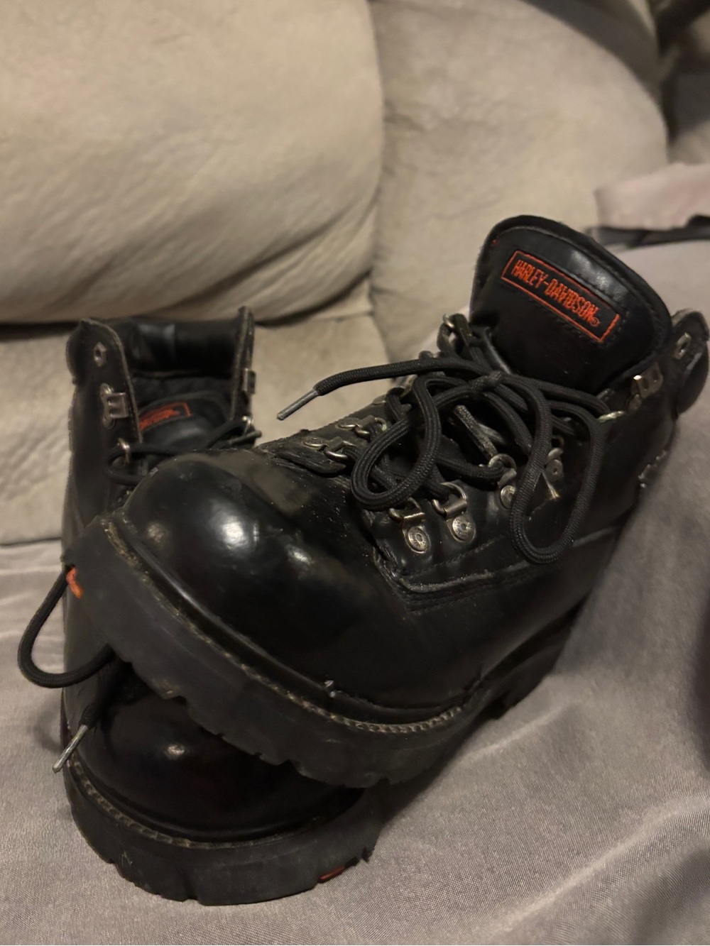 Harley-Davidson Black Leather Lace-Up Work Boots with Orange Logo Patch